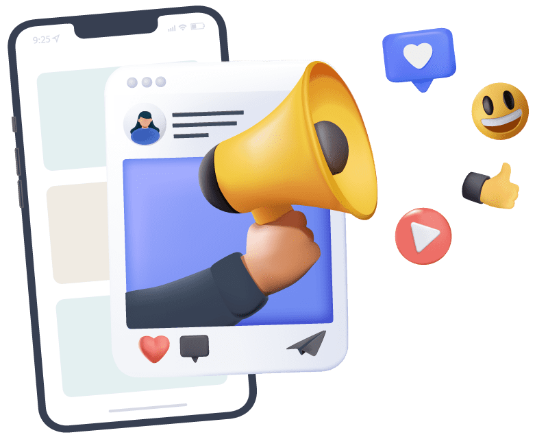 Social-Onboarding-Hero cartoon of a socialmedia post with a mega phone