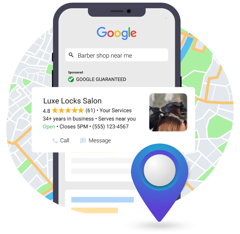 Local-Search-Ads-graphic A Mockup of a google local search ad on a phone with a 3d location marker