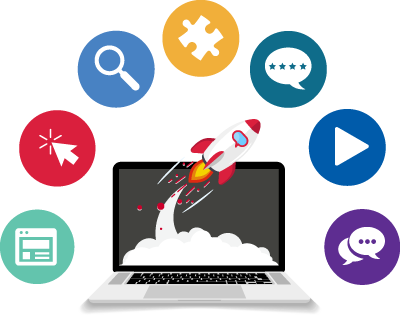 Laptop with cartoon rocket taking off with online marketing icons