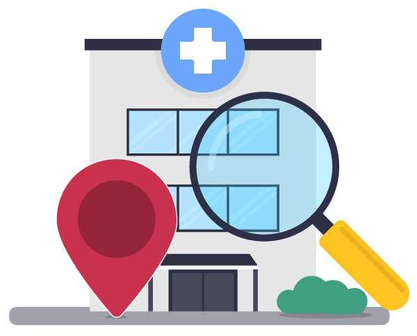 Cartoon of a medical clinic with a search Glass and map marker