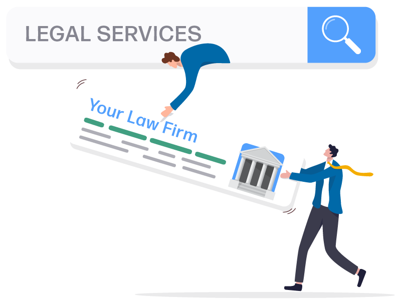 Cartoon of a search window saying legal services in it with 2 marketers lifting a listing saying your law firm