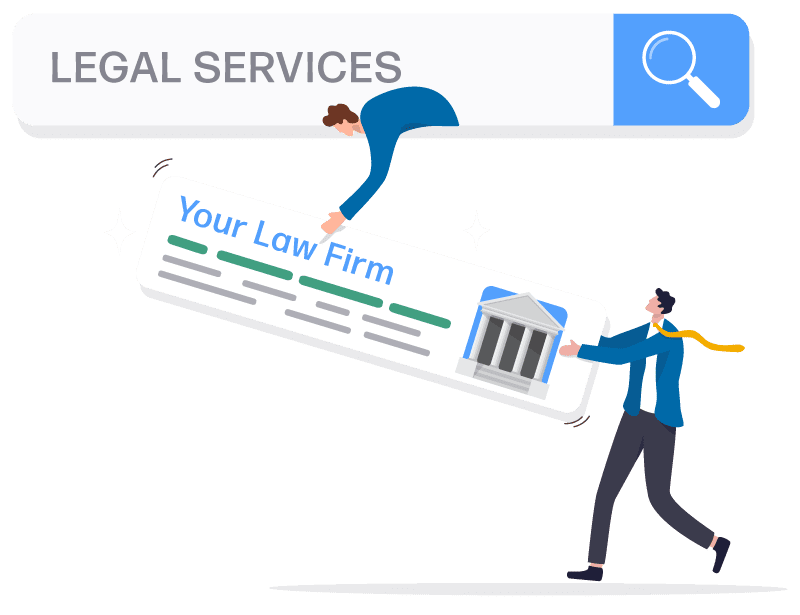 Cartoon of a search window saying legal services in it with 2 marketers lifting a listing saying your law firm