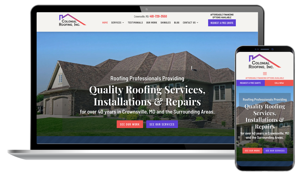 Colonial Roofing website displayed on a laptop and Phone