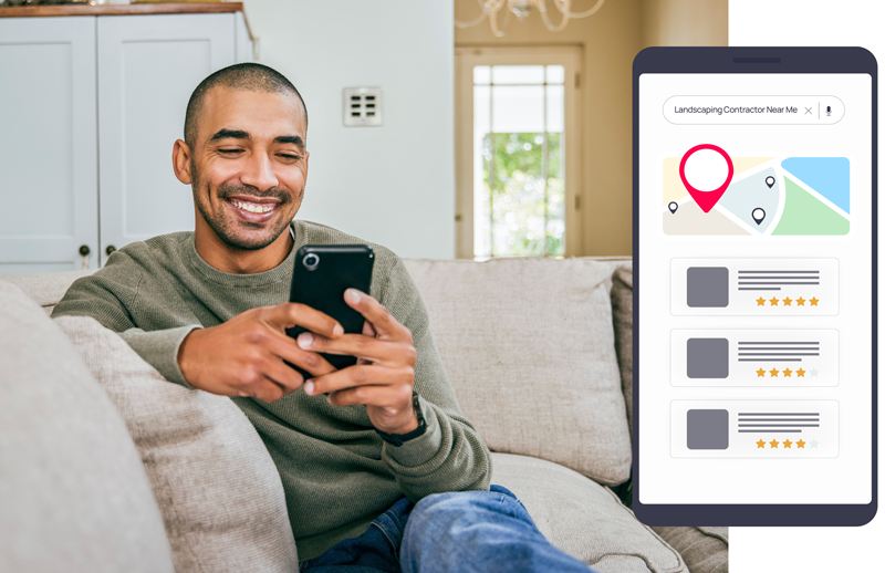 Man on his phone with a mock-up of what a Local  SEO search look like on a phone