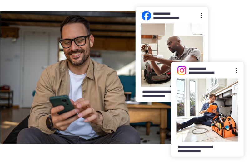 Man on his phone and seeing social media posts for Plumbing services