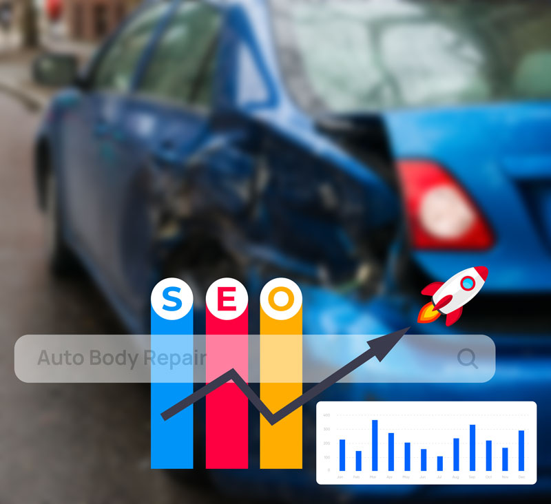 SEO Graphic with a graphs and a search window on a blurred image of a a Car with damage to the body