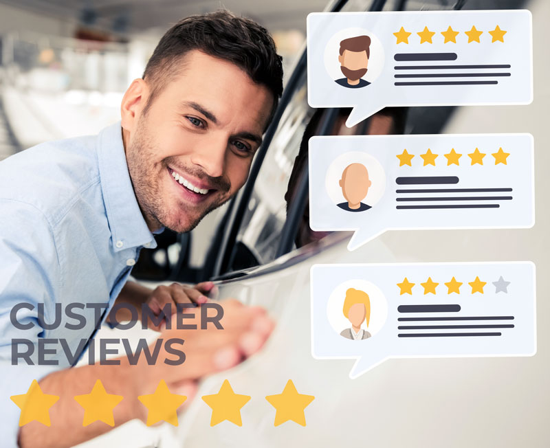 Customers Reviews mockup on a image of a Auto Body repair customer happy with the repairs