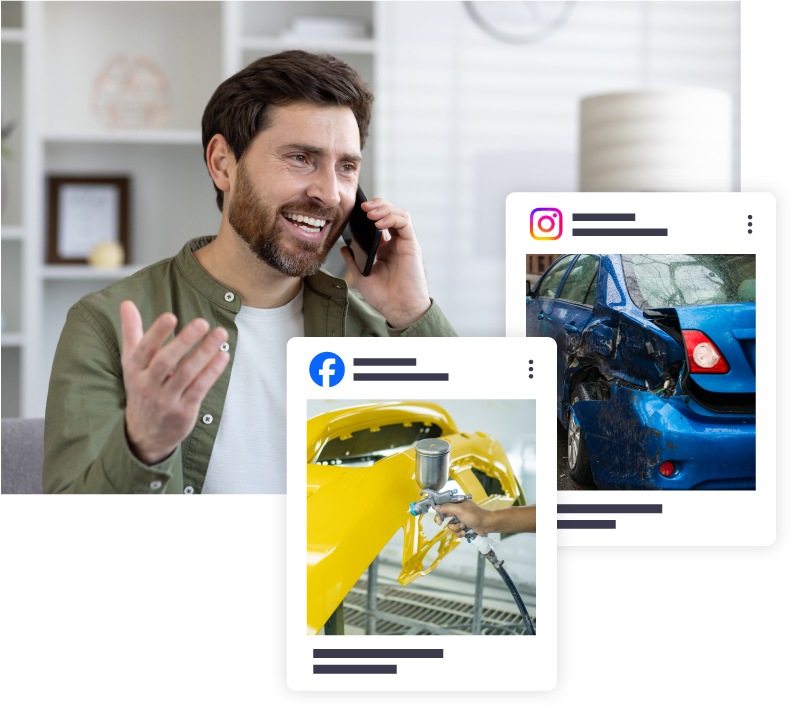 A Man calling an auto body shop after looking at their social posts