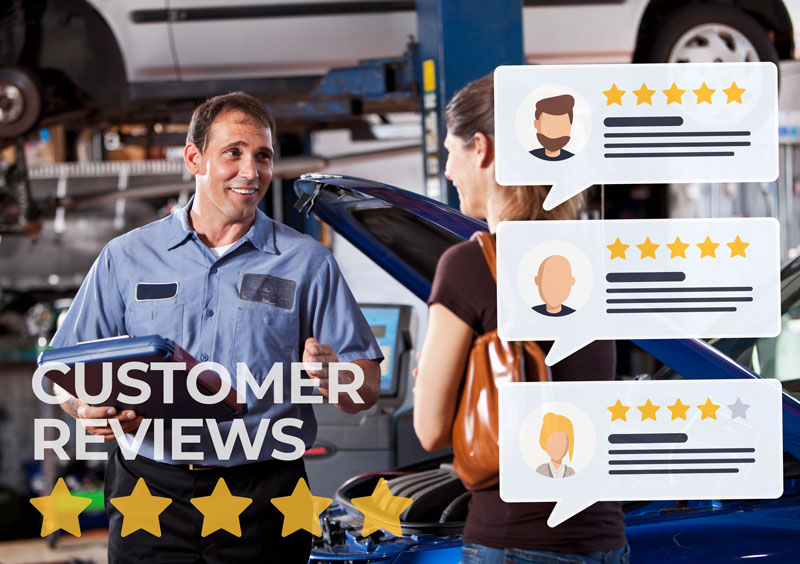 Customers Reviews mockup on a image of a Mechanic and customer