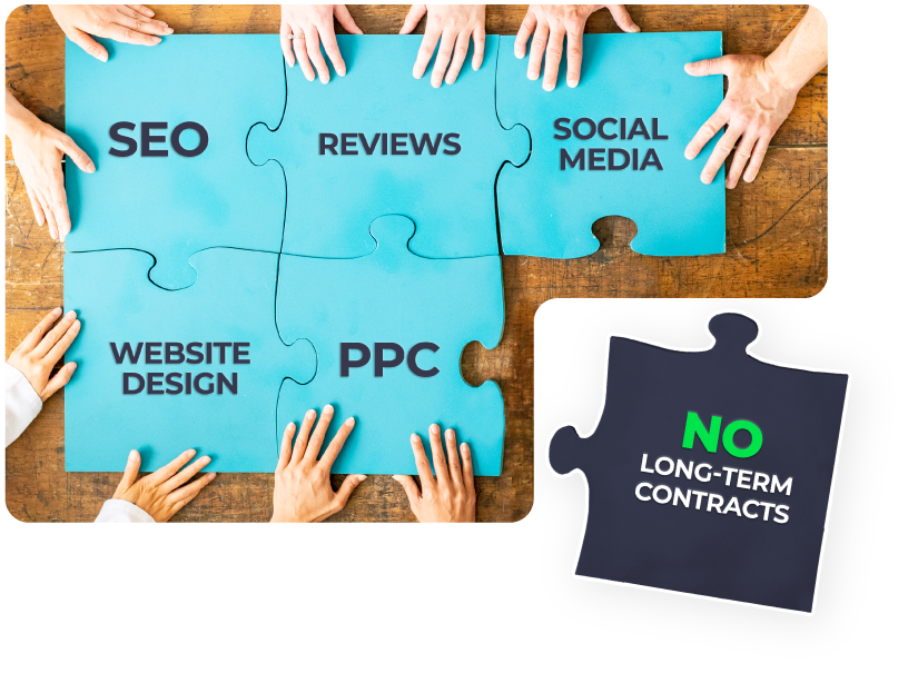 Large jigsaw puzzle with digital marketing services on each piece and a Dark piece with No Long-Term Contracts on it