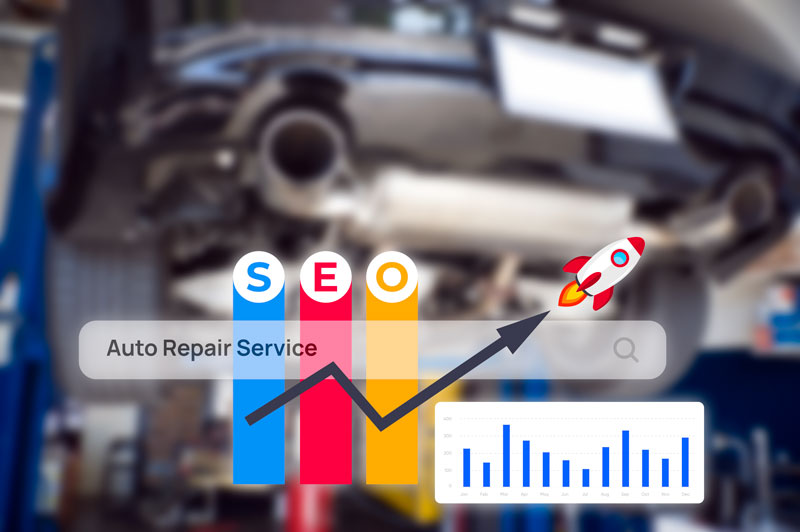 SEO Graphic with a graphs and a search window on a blurred image of a Auto Repair Shop