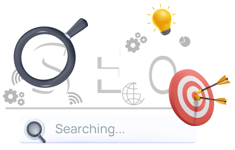 Cartoon of a the word SEO with search window and eye glass