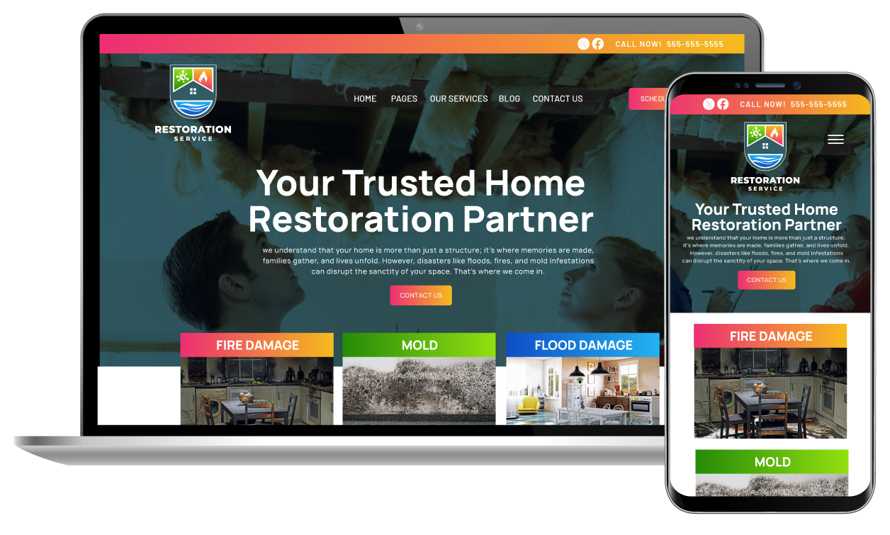 Restoration services website on a laptop and phone showing responsiveness