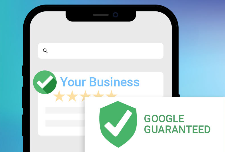 Google Guaranteed shield logo on top of business profile mockup