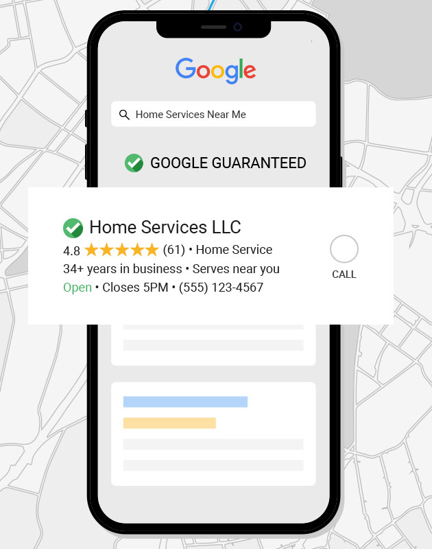 Google mobile search mock up showing Local Search ad with a google guaranteed icon