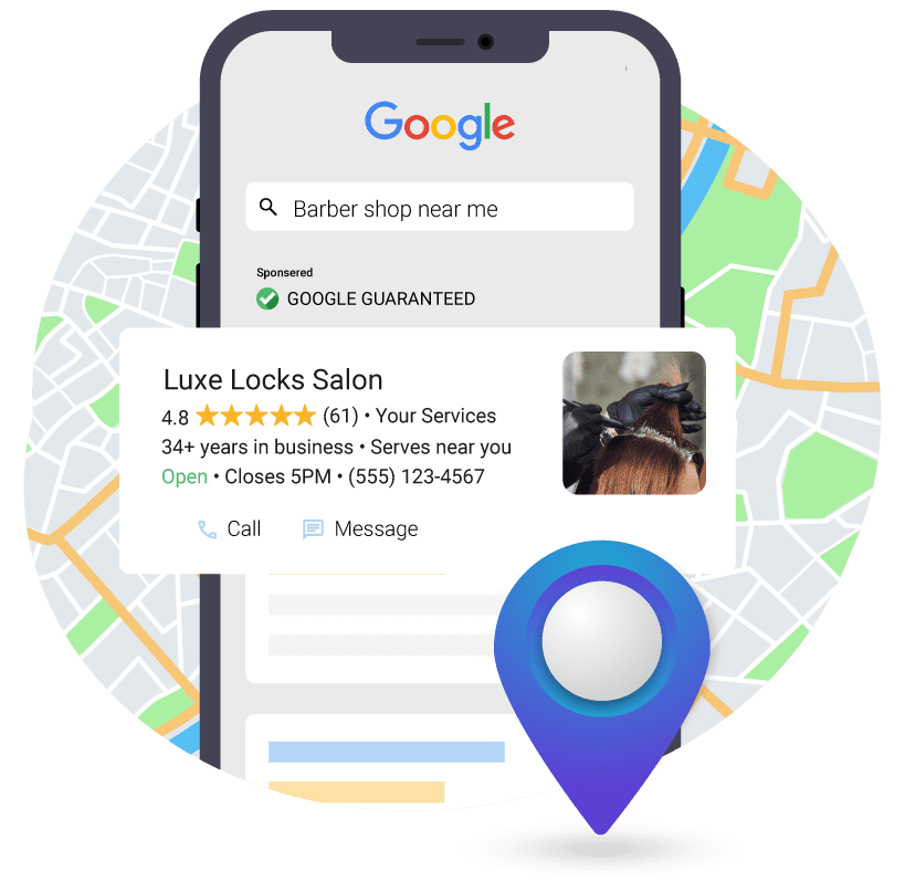 A Mockup of a google local search ad on a phone with a 3d location marker