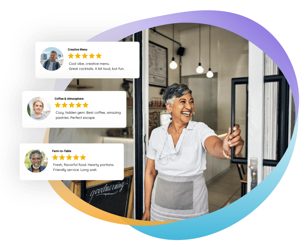 Business owner smiling and opening her restaurants doors with 3 5 star reviews floating around it