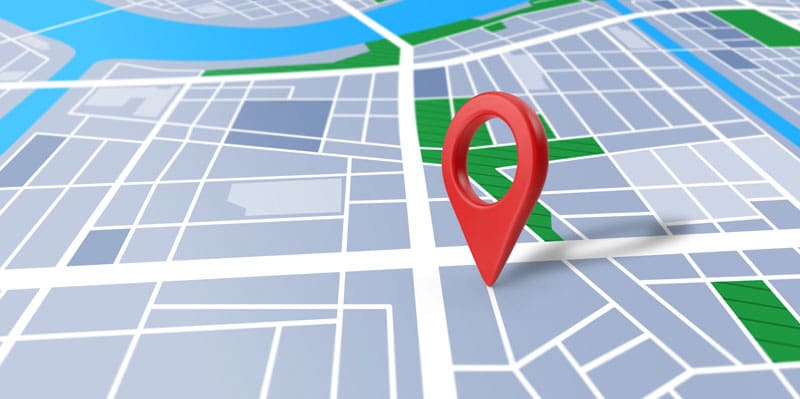 a 3D map marker on a gps map showing a businesses location
