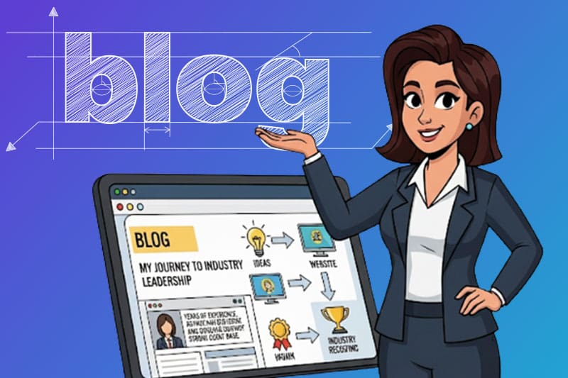 Build-Trust-with-blog Cartoon of a women pointing at the word blog above a computer screen