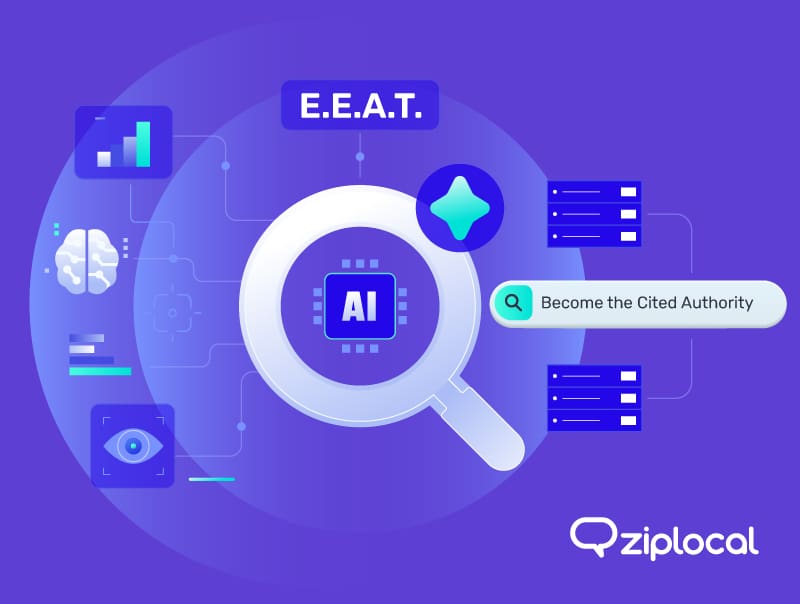 Cartoon of a search icon over a AI chip with a search for Become a Cited Expert