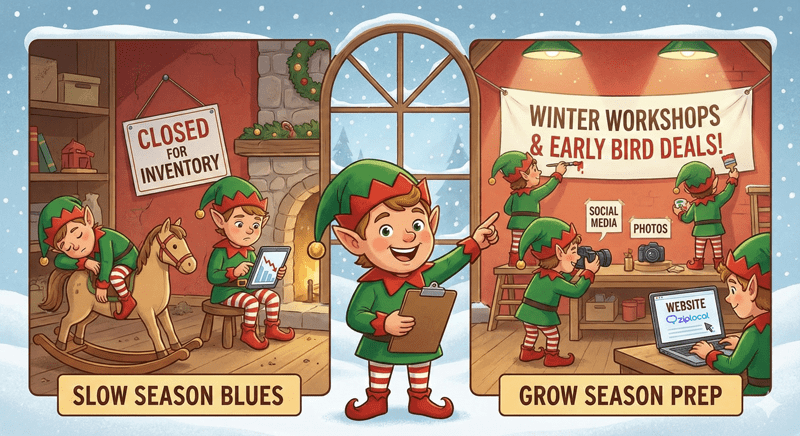 elves working in the workshop with 2 scenes one showing a slow season the other prepping for a busy one.