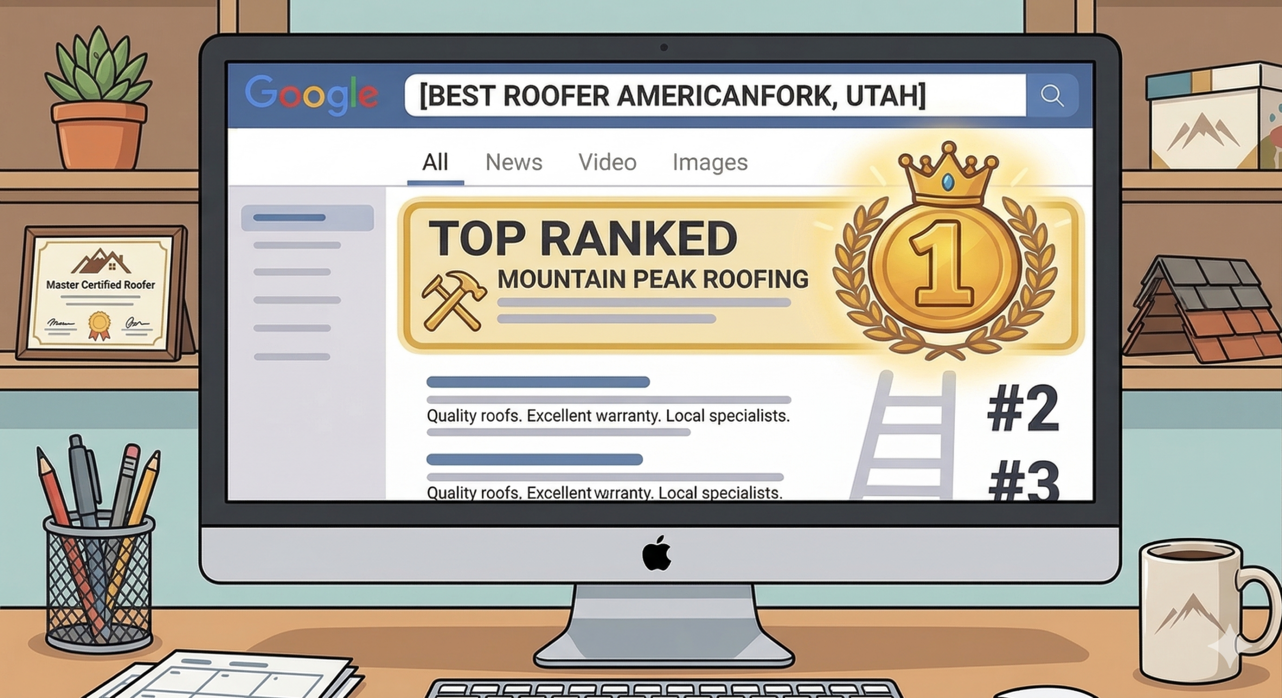 Climbing to the top of search results - computer screen showing business rising to the top