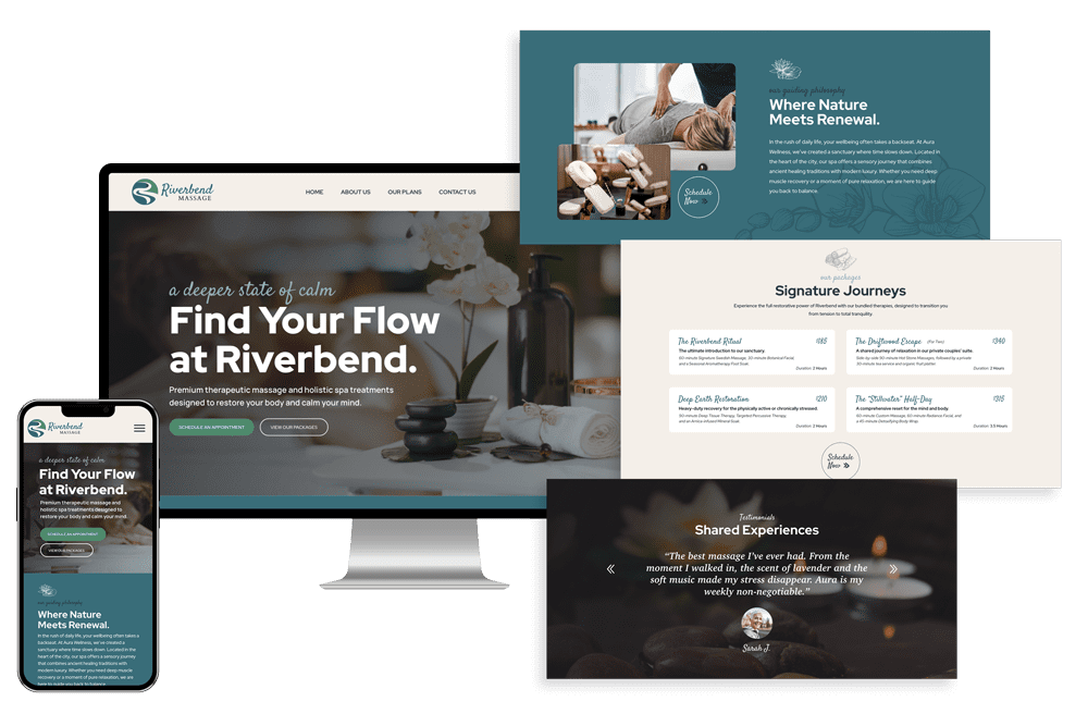 Mockup of a website design on a desktop and phone with various sections floating around