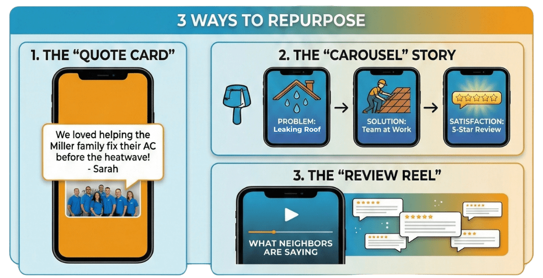 infographic for the 3 Ways to Repurpose Reviews for Social Media