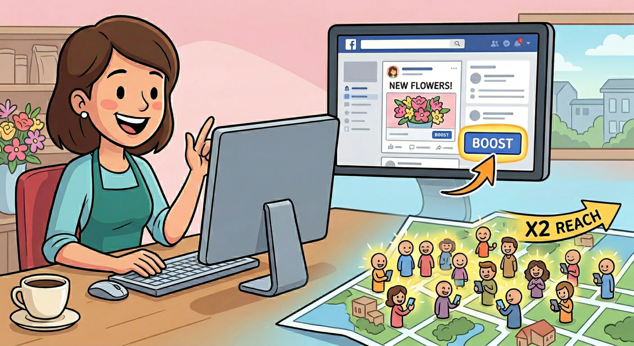 cartoon of a florist boosting her social posts