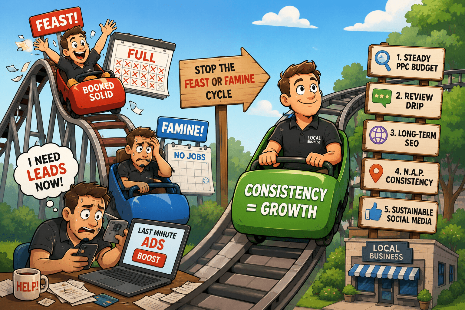5 Local Marketing Rules to Stop the Feast or Famine Cycle Cartoon of a local business owner riding on a roller coaster showing the ups and downs