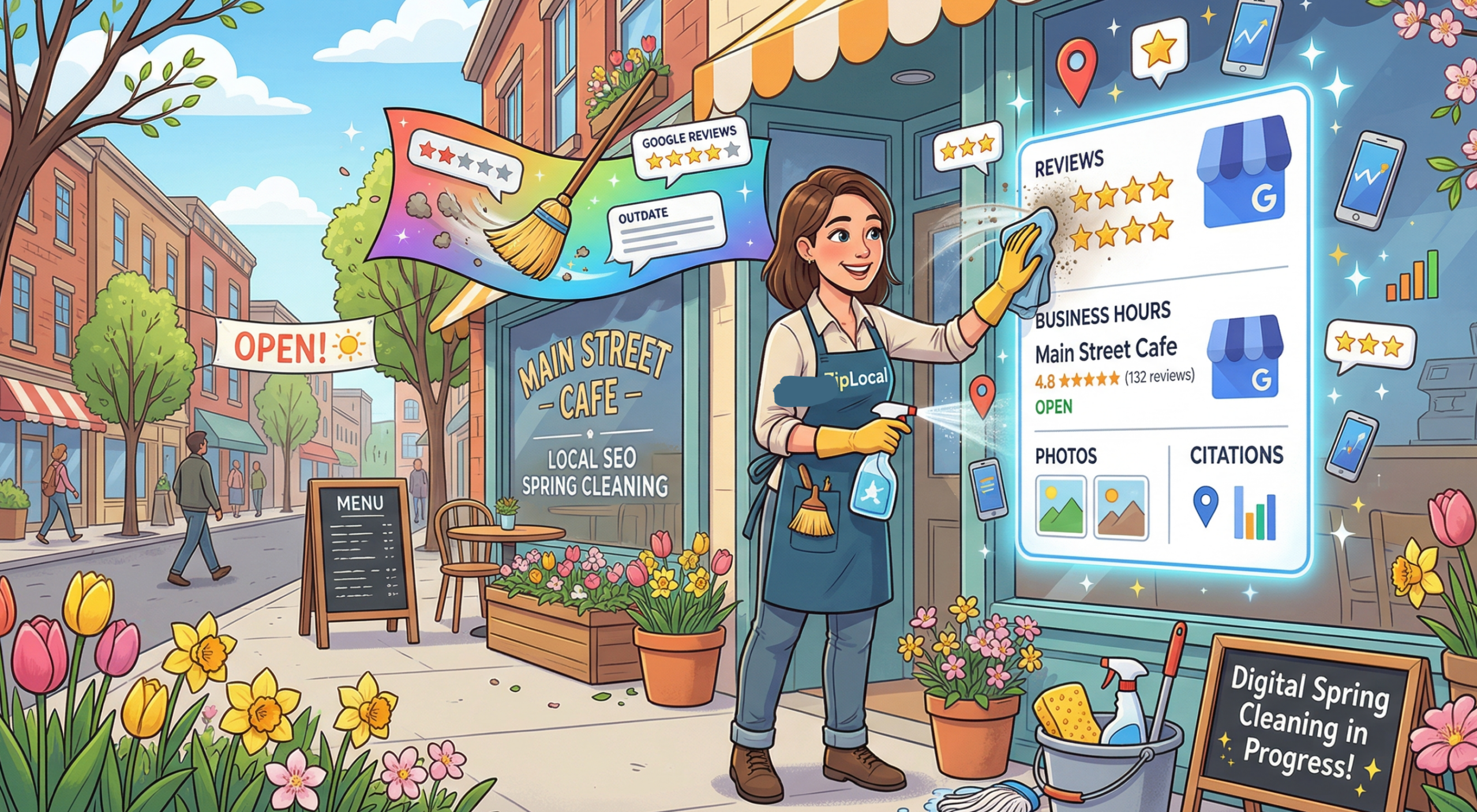 May-Newsletter-Banner female employee wiping off storefont window that depicts an updated Google profile page