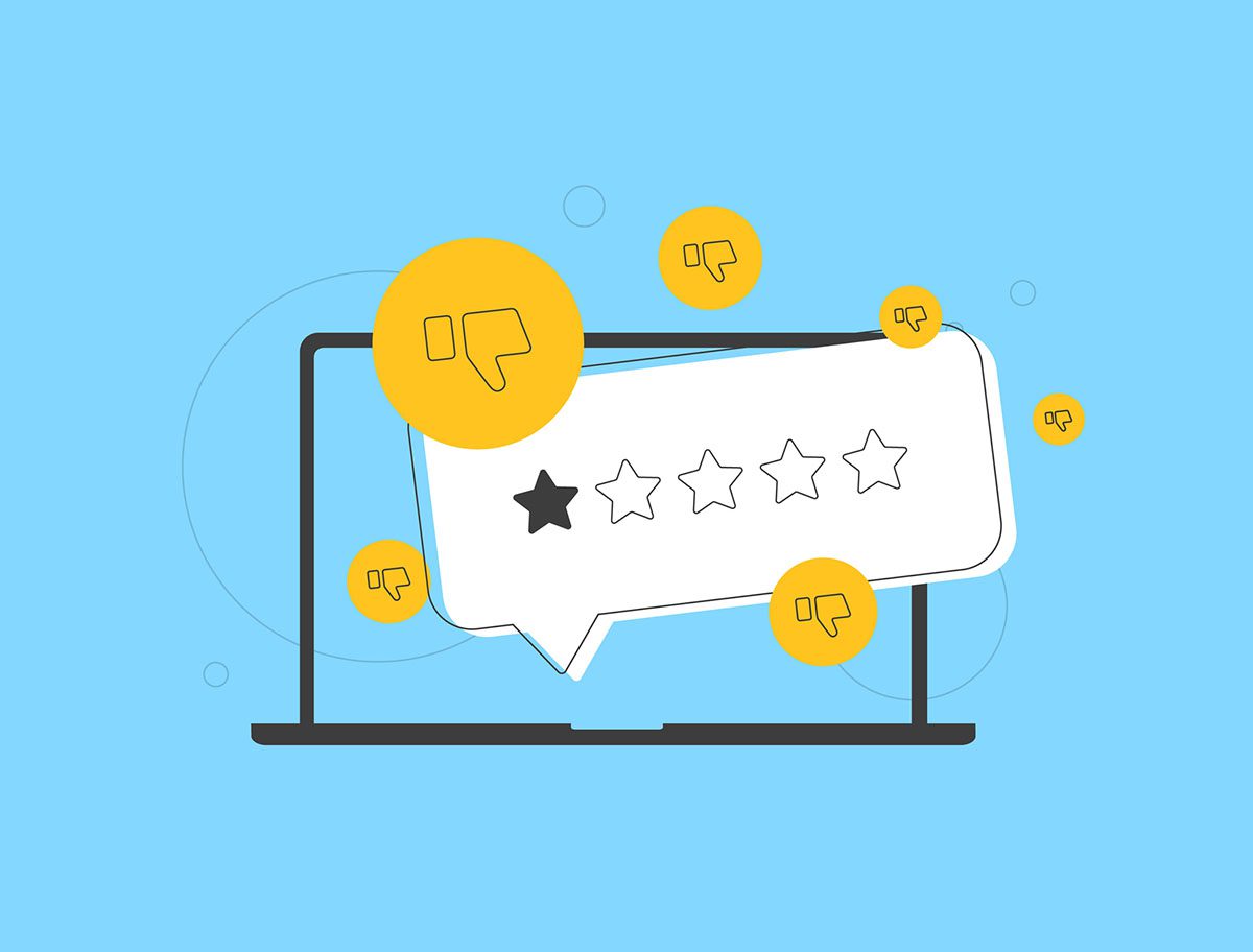 Laptop screen with one star and thumbs down icons