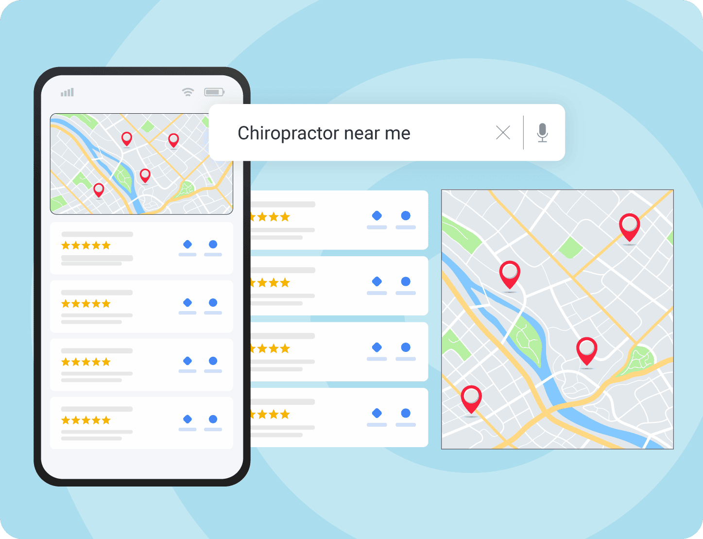 Mock-up of a local SEO search results for Chiropractor near me on desktop and phone